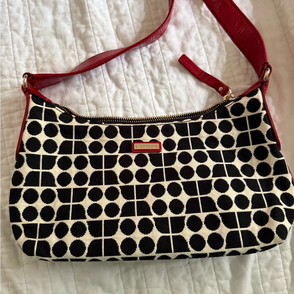 Kate Spade Black and White Geometric Bag with Red Strap